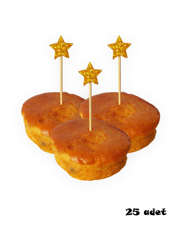 25 Adet Dekoratif Eva Yıldız Pasta Kürdanı 6 cm Gold - Yıldız 2 cm